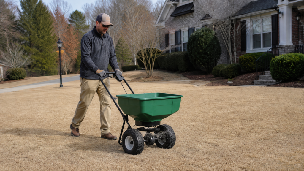 Applying granular pre emergent with a broadcast spreader